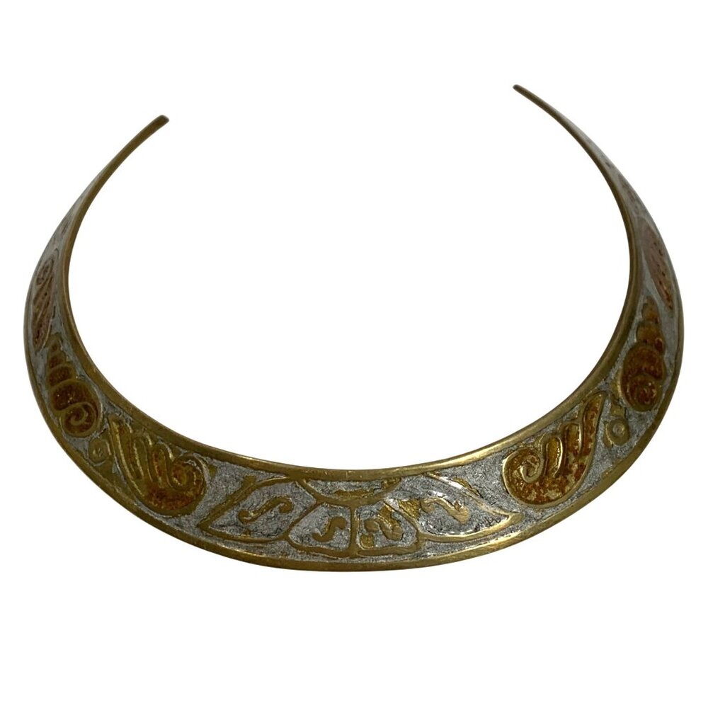 Vintage Handcrafted Brass / Enamel Choker Necklace With Ornate Seashell Design